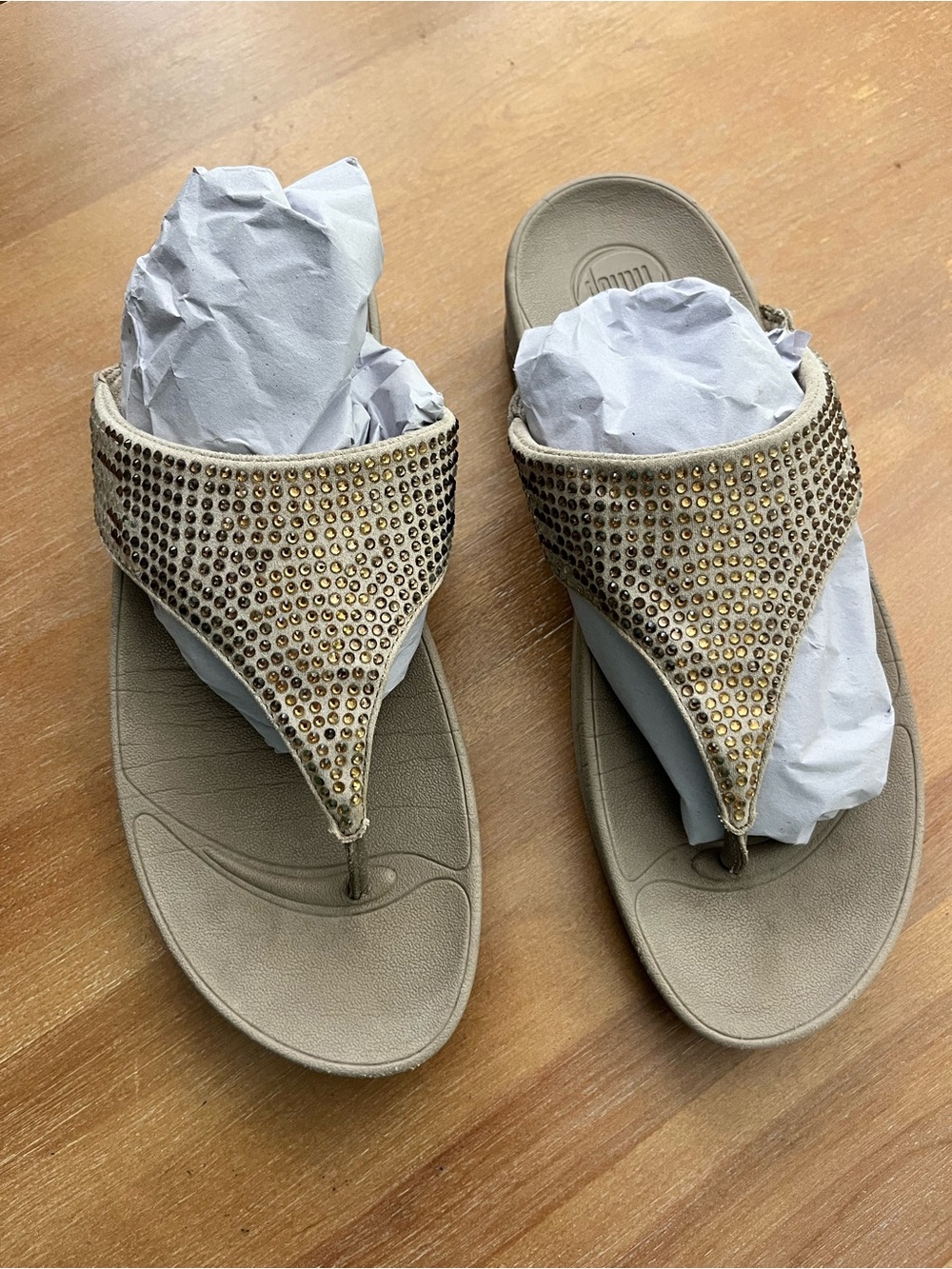 FitFlop Flare Pebble Crystal Embellished Platform Sandals Beige Sz 10